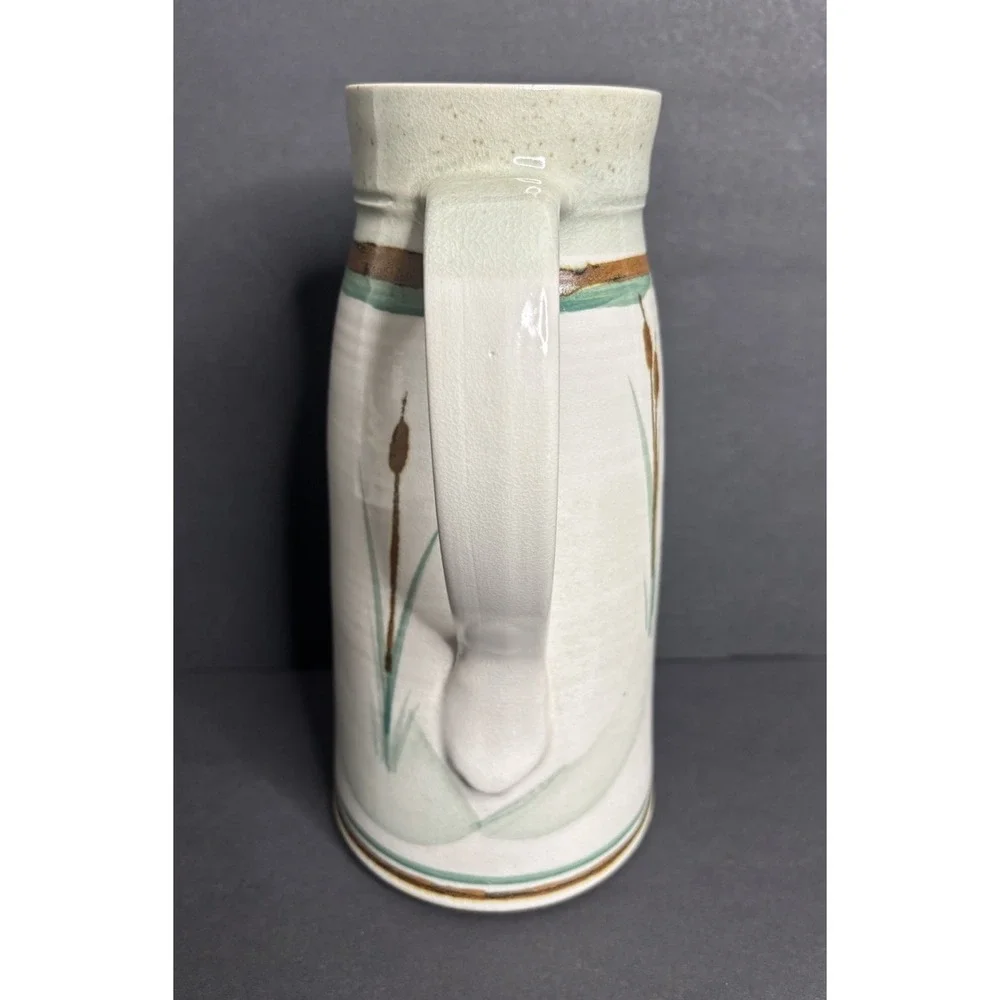 R Turnage Pottery Pitcher Cattail Reed Handmade Hand Painted Virginia *READ
